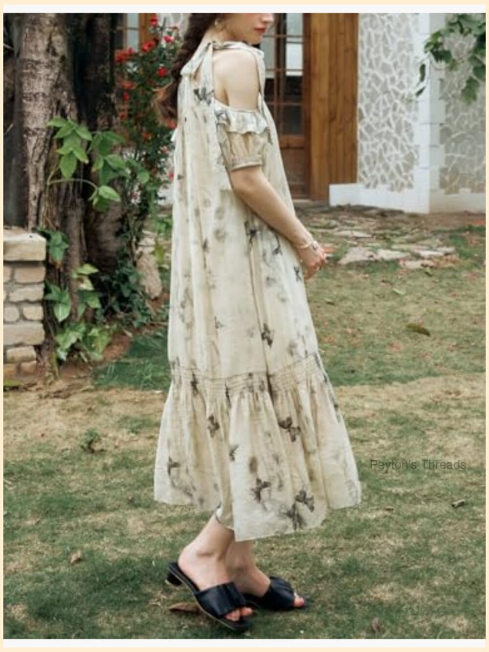 Floral Midi Dress Off-Shoulder Ruffle Loose Flowing Beach Vacation - Picture 2 of 7